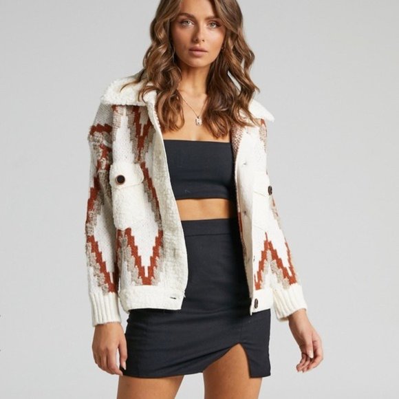 Jackets & Blazers - Aztec Print Knit Oversized Cardigan Geo Print Textured 3D Sherpa Trim Coat
